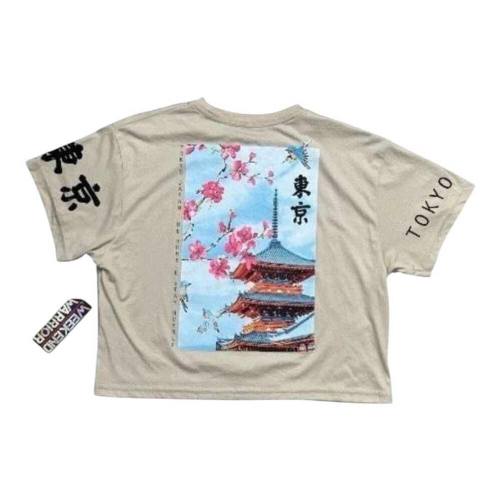Tokio Beige Cropped Tee Size M Cherry Blossom Graphic Shirt Women